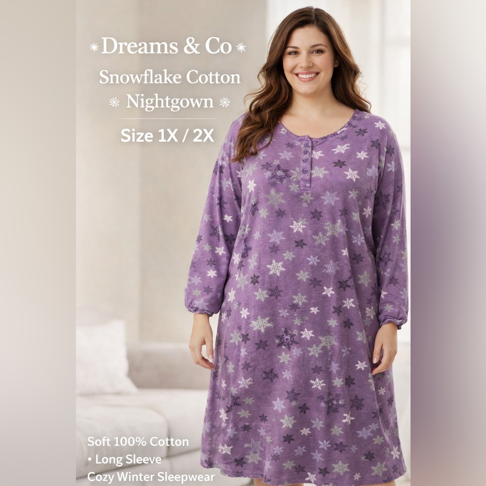 Dreams & Co Purple Snowflake Cotton Nightgown Plus Size 1X 2X